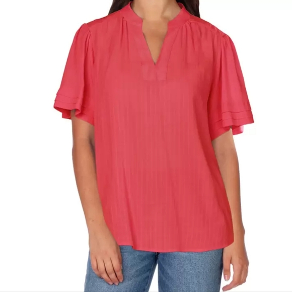 Well Worn Tops - Well Worn Vibrant Pink Relaxed-Fit Ruffled Short-Sleeve V-neck Blouse